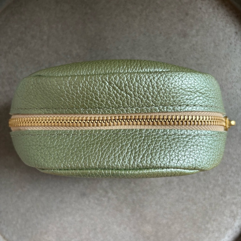 PLG WONDER Pouch Metallic Green Pebbled Leather Beetle Zip Makeup Bag Travel - Picture 7 of 12